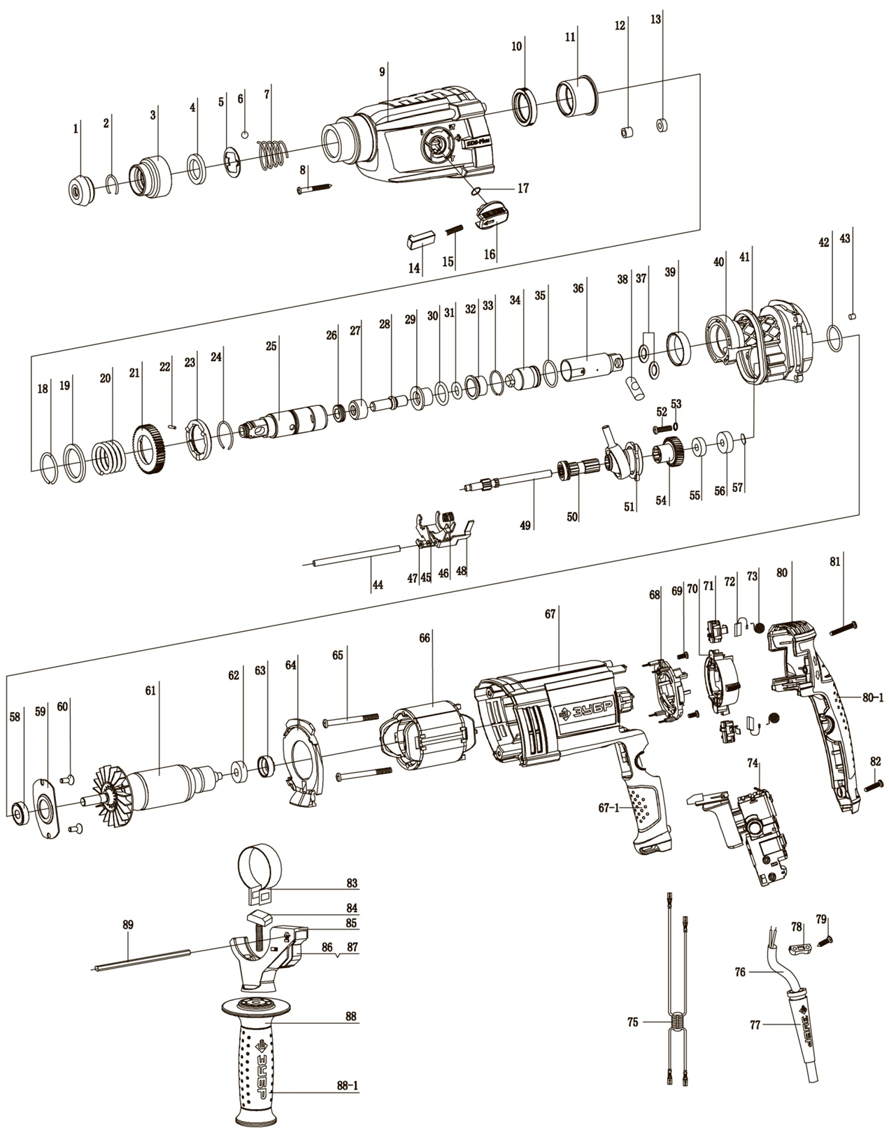 ЗУБР 32 мм, 1100 Вт, перфоратор SDS Plus, Профессионал (ЗП-32-1100 К) - разборная схема